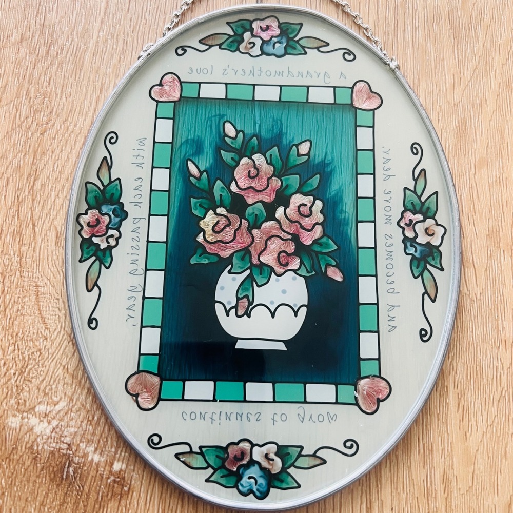 Vtg Grandmother's Love Floral Glass Suncatcher Wall Plaque Decor Cottagecore - Picture 7 of 10